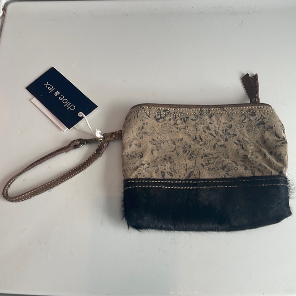 Chloe & Lex wristlet nwts pouch cosmetic makeup bag Upcycled canvas fur floral